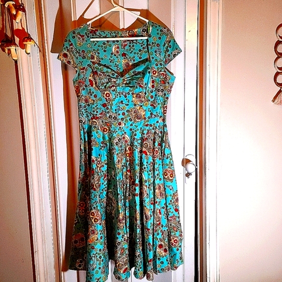 Hell Bunny Day of the dead 50s style dress, teal, sz Large, NWT, Vintage - Picture 4 of 10